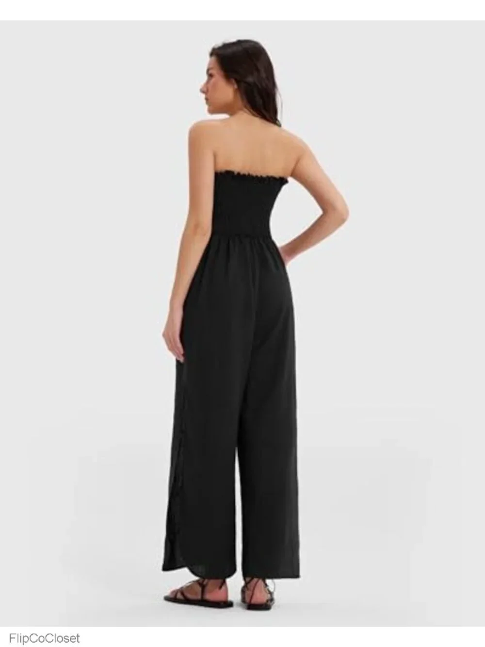 Women's Linen Blend Strapless Wide Leg Jumpsuit Romper Resort Vacation